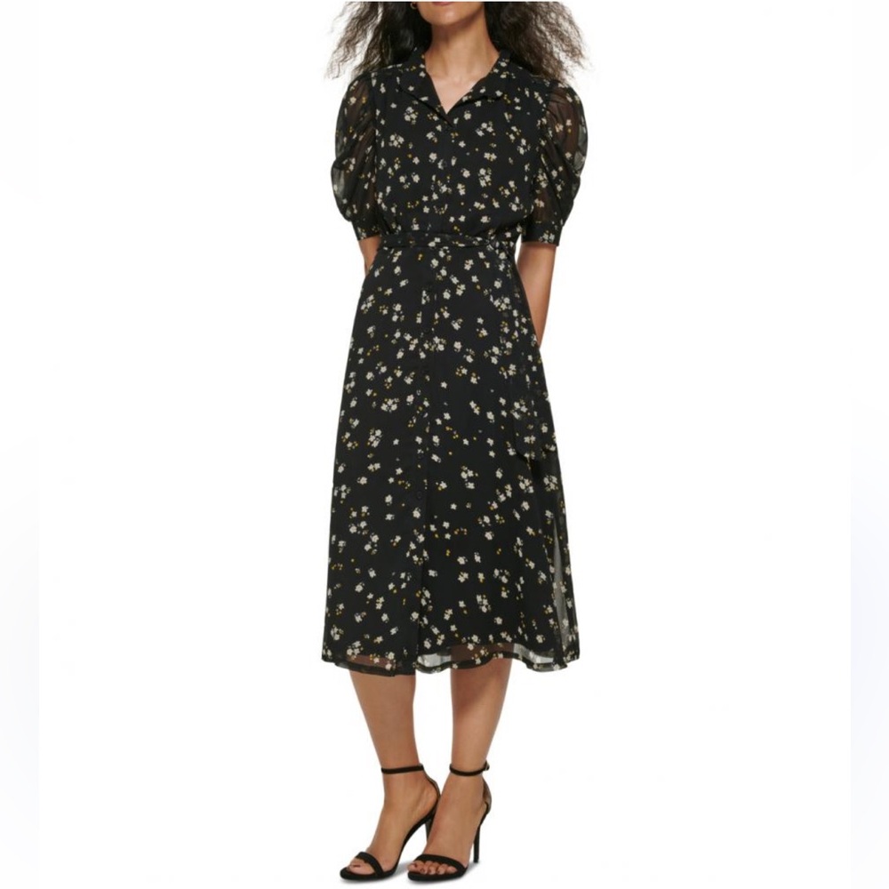 DKNY Black Floral Midi Dress